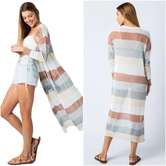 06 Luxe Color Block Pocket Open Front Duster Cardigan - Picture 2 of 2